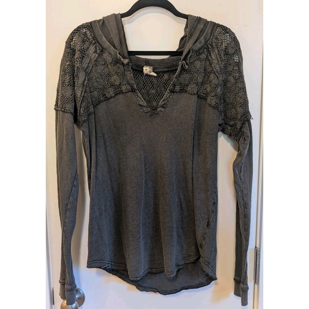 Free People We The Free Crochet Hoodie Top L Gray Boho Granola Indie Gorpcore